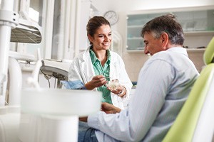 Smiling dentist showing patient model of teeth