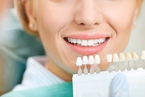 A dentist using a shade guide during a patient’s teeth whitening treatment